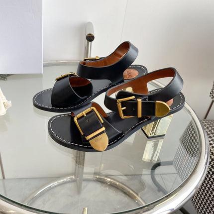 CHLOÉ REBECCA LOW HEELED SANDAL IN BLACK LAMBSKIN GOLD HARDWARE