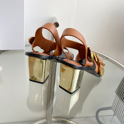 CHLOÉ REBECCA LOW HEELED SANDAL IN CINNAMON BROWN LAMBSKIN GOLD HARDWARE