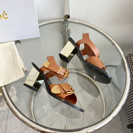 CHLOÉ REBECCA LOW HEELED SANDAL IN CINNAMON BROWN LAMBSKIN GOLD HARDWARE