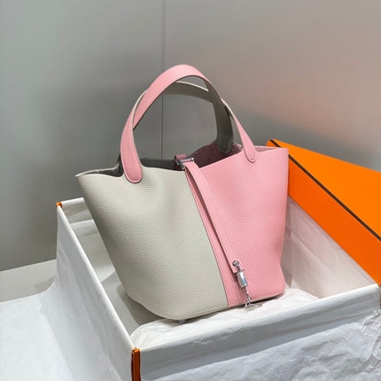 HM PICOTIN LOCK 22 CREAM AND PINK CALFSKIN