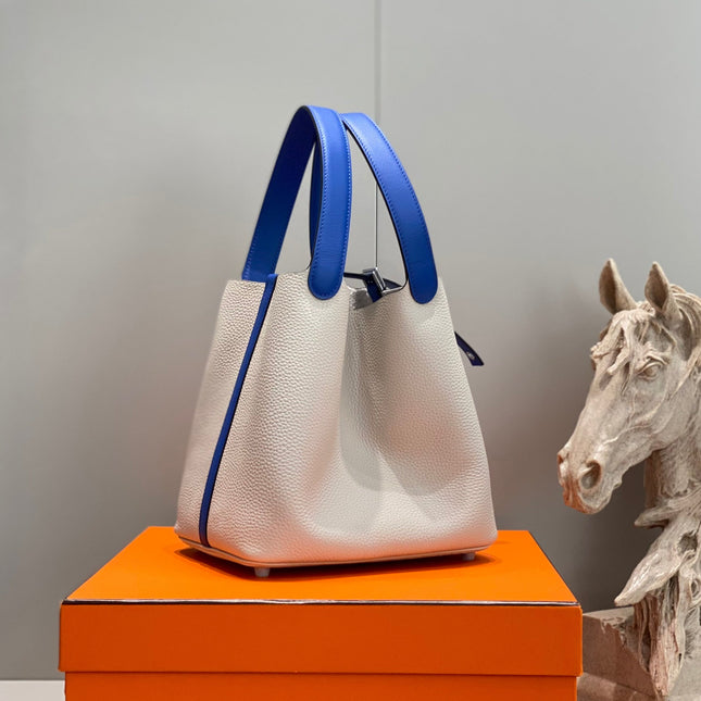 HM PICOTIN LOCK 22 WHITE AND COBALT CALFSKIN