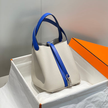 HM PICOTIN LOCK 22 WHITE AND COBALT CALFSKIN