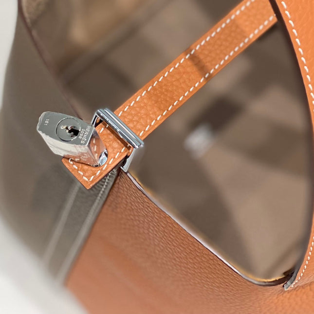 HM PICOTIN LOCK 22 ORANGE AND ASH BROWN CALFSKIN