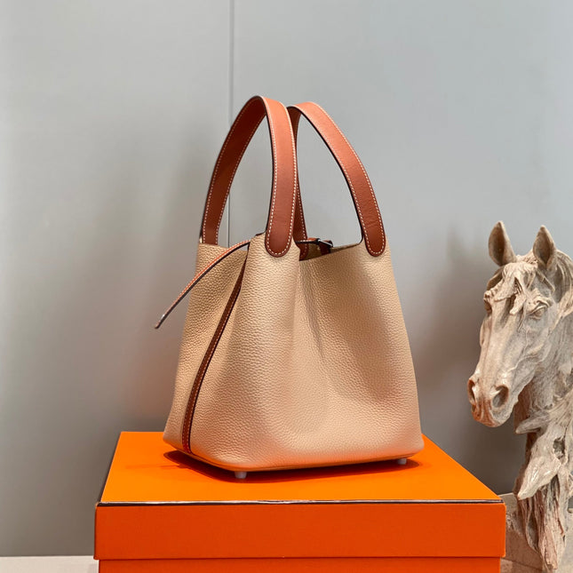 HM PICOTIN LOCK 22 BEIGE AND BROWN CALFSKIN