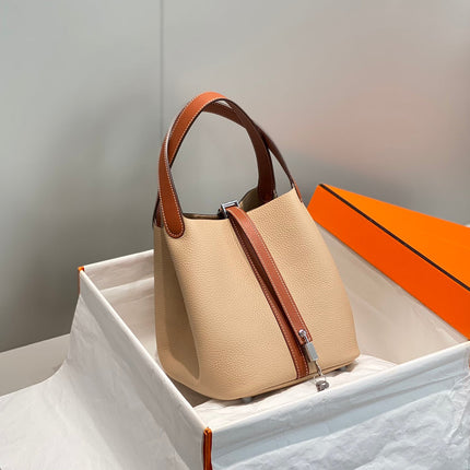 HM PICOTIN LOCK 22 BEIGE AND BROWN CALFSKIN