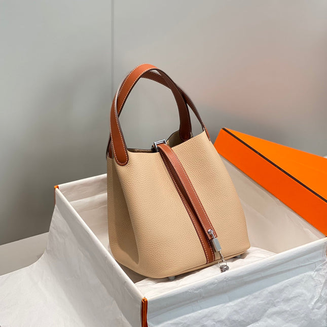 HM PICOTIN LOCK 22 BEIGE AND BROWN CALFSKIN