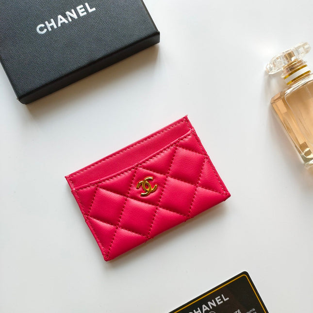 CC CARD HOLDER 11.2 RED PINK CALFSKIN GOLD ICON