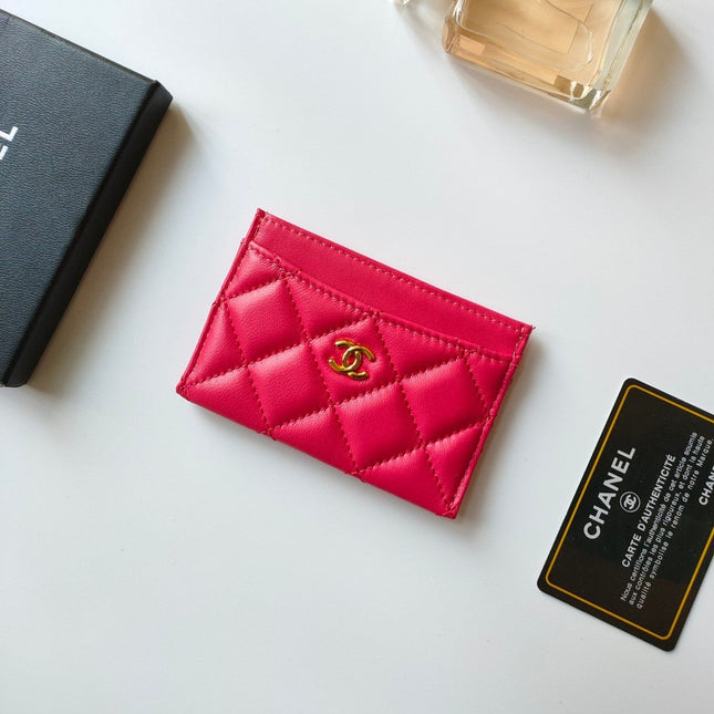 CC CARD HOLDER 11.2 RED PINK CALFSKIN GOLD ICON