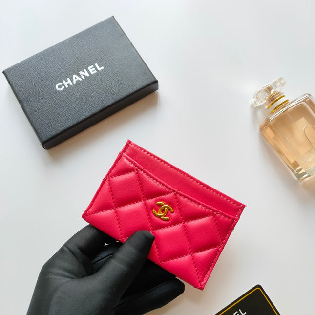CC CARD HOLDER 11.2 RED PINK CALFSKIN GOLD ICON