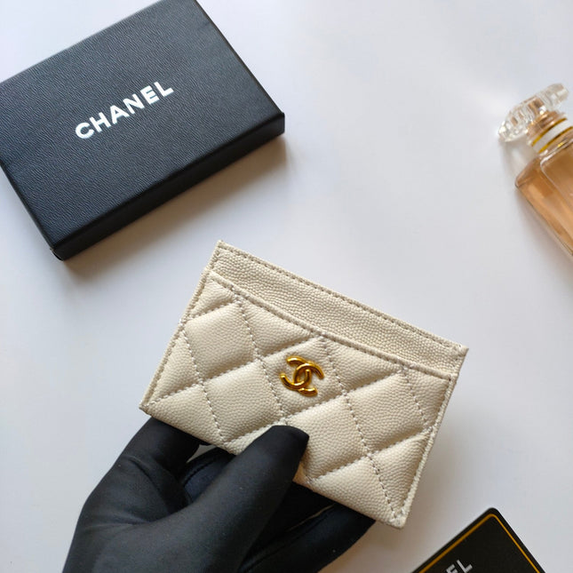 CC CARD HOLDER 11.2 CREAM GRAINED CALFSKIN GOLD ICON