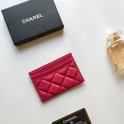 CC CARD HOLDER 11.2 RED PINK GRAINED CALFSKIN GOLD ICON