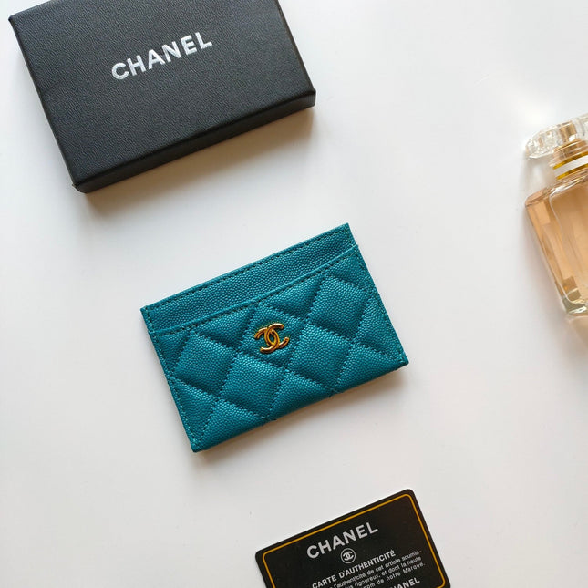 CC CARD HOLDER 11.2 SAPPHIRE GRAINED CALFSKIN GOLD ICON