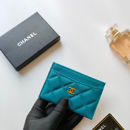 CC CARD HOLDER 11.2 SAPPHIRE GRAINED CALFSKIN GOLD ICON