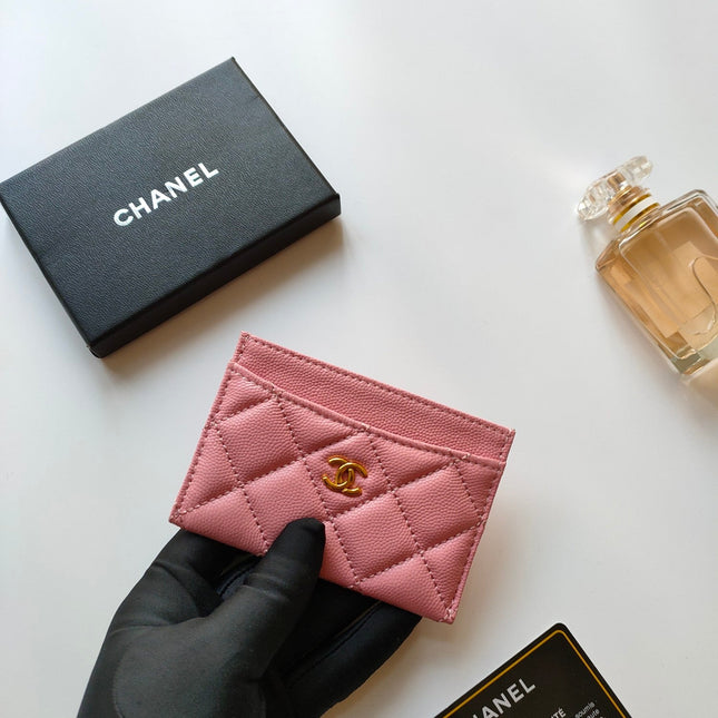 CC CARD HOLDER 11.2 PINK GRAINED CALFSKIN GOLD ICON