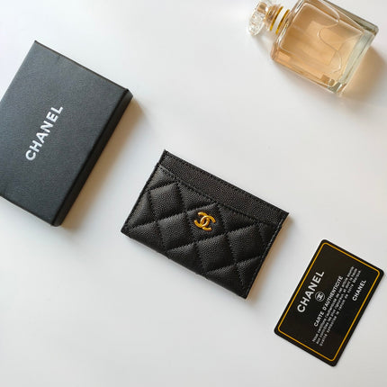 CC CARD HOLDER 11.2 BLACK GRAINED CALFSKIN GOLD ICON