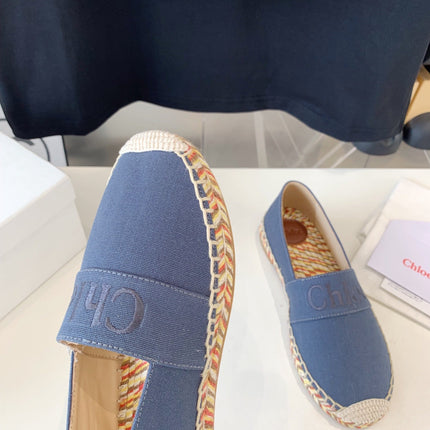 CHLOÉ LOAFER SHOES IN PIGEON BLUE DENIM AND WOVEN RAFFIA