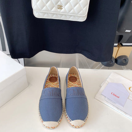 LOAFER SHOES IN PIGEON BLUE DENIM AND WOVEN RAFFIA