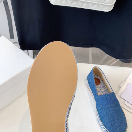 CHLOÉ LOAFER SHOES IN CERULEAN BLUE DENIM AND WOVEN RAFFIA