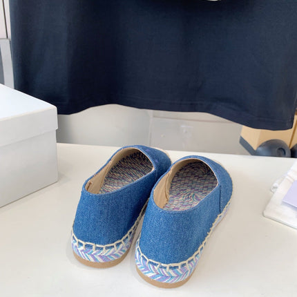 CHLOÉ LOAFER SHOES IN CERULEAN BLUE DENIM AND WOVEN RAFFIA
