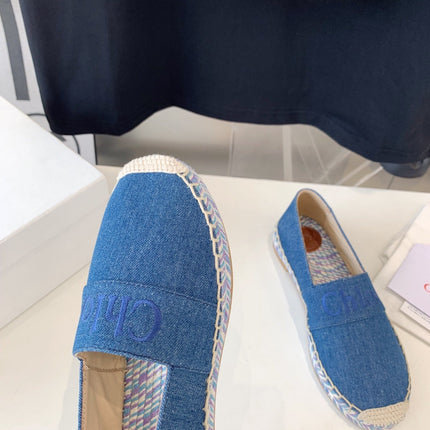 CHLOÉ LOAFER SHOES IN CERULEAN BLUE DENIM AND WOVEN RAFFIA