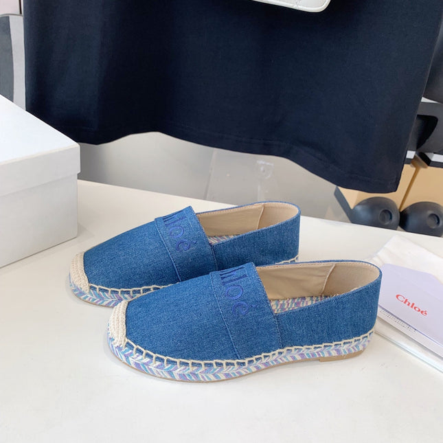 LOAFER SHOES IN CERULEAN BLUE DENIM AND WOVEN RAFFIA