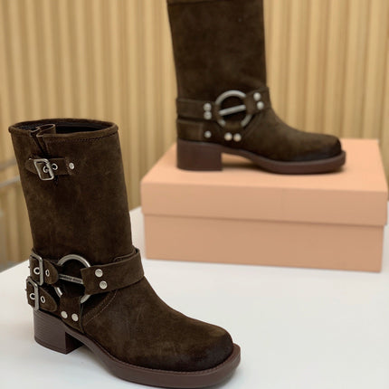 THICK-SOLED METAL BUCKLE BOOTS IN CHOCOLATE BROWN SUEDE