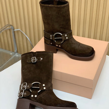 THICK-SOLED METAL BUCKLE BOOTS IN CHOCOLATE BROWN SUEDE