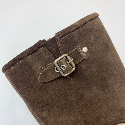 THICK-SOLED METAL BUCKLE BOOTS IN CHOCOLATE BROWN SUEDE