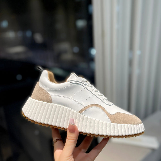 NAMA SNEAKER IN WHITE LAMBSKIN AND TAN BROWN SUEDE