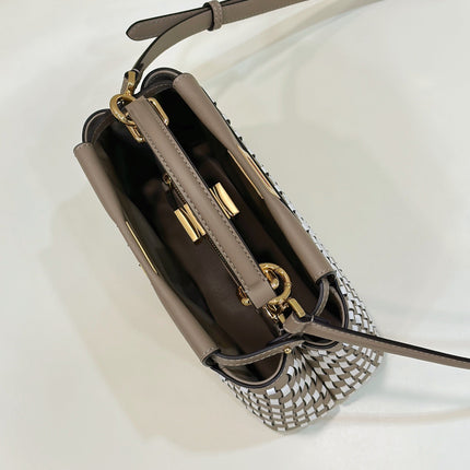 PEEKABOO 24 IN WHITE MIX BROWN INTERLACED CALFSKIN GOLD HARDWARE