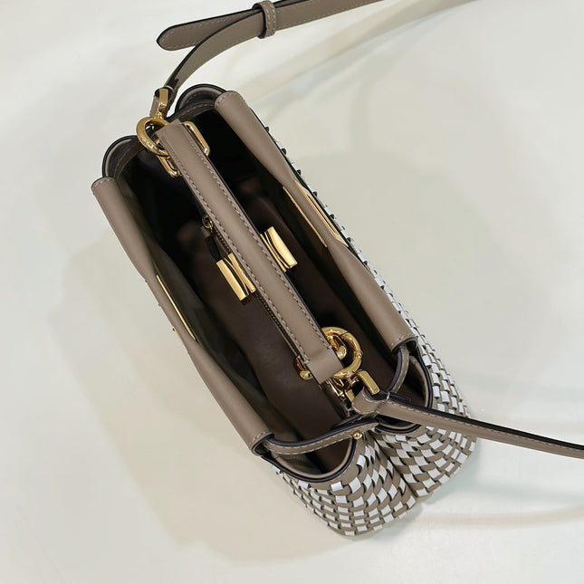 PEEKABOO 24 IN WHITE MIX BROWN INTERLACED CALFSKIN GOLD HARDWARE