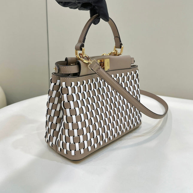 PEEKABOO 24 IN WHITE MIX BROWN INTERLACED CALFSKIN GOLD HARDWARE