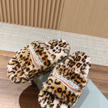 FURRY SLIDES IN LEOPARD PRINT RABBIT FUR