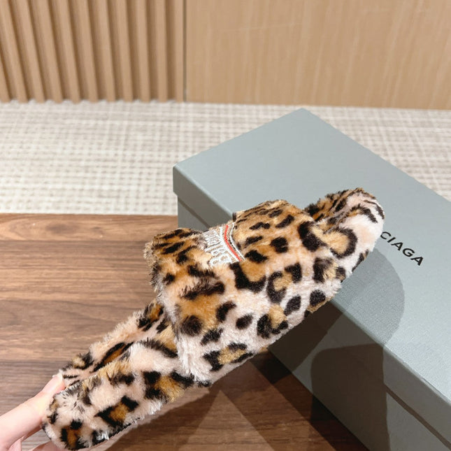FURRY SLIDES IN LEOPARD PRINT RABBIT FUR