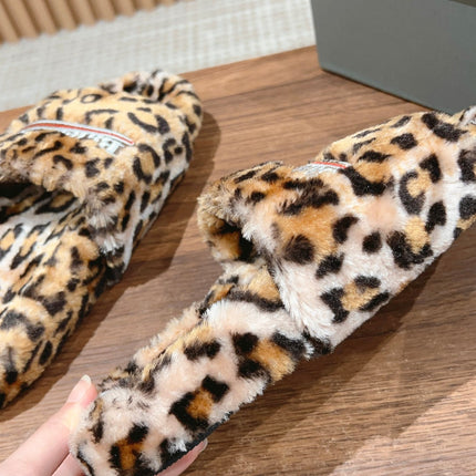 FURRY SLIDES IN LEOPARD PRINT RABBIT FUR