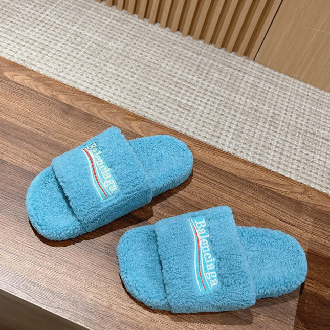 FURRY SLIDES IN SKY BLUE CURLY SHEARLING