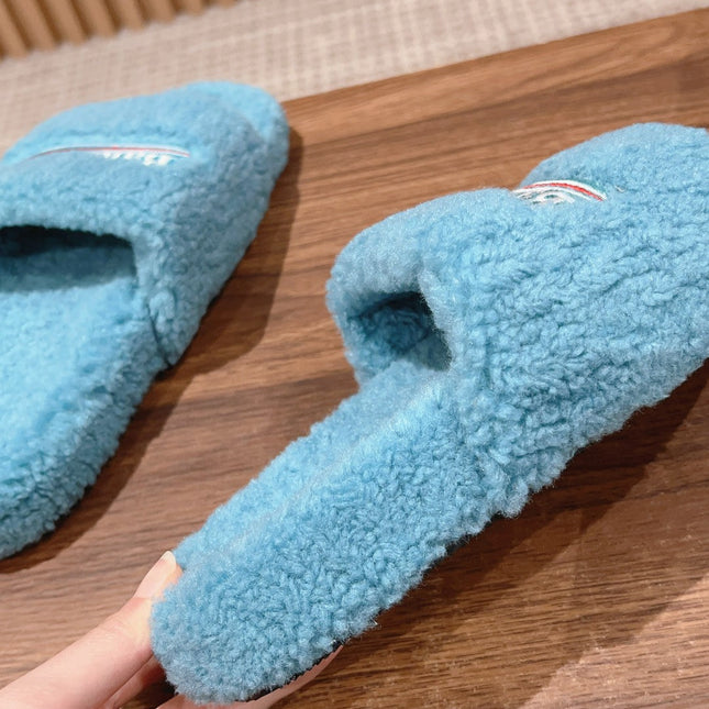 FURRY SLIDES IN SKY BLUE CURLY SHEARLING