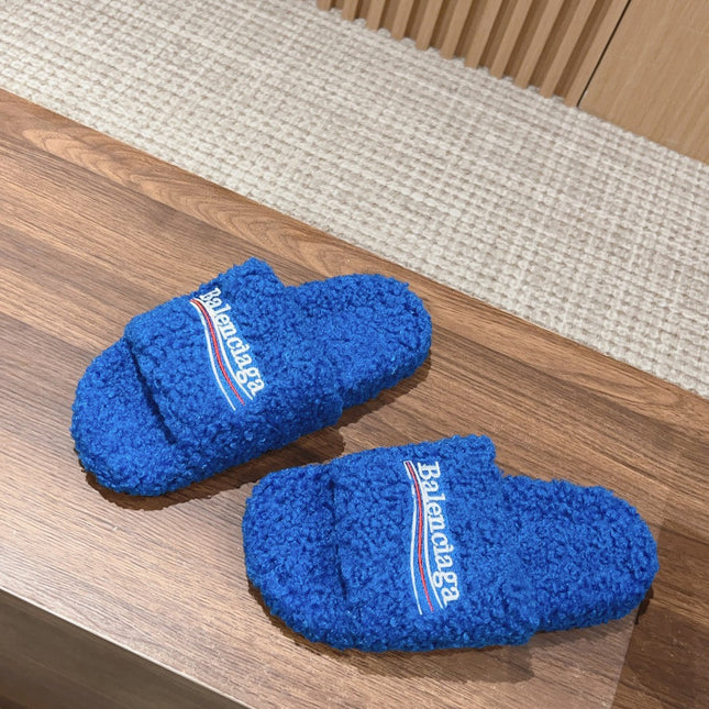 FURRY SLIDES IN COBALT BLUE CURLY SHEARLING