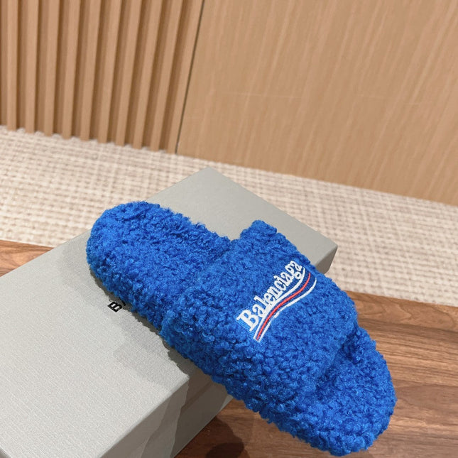 FURRY SLIDES IN COBALT BLUE CURLY SHEARLING