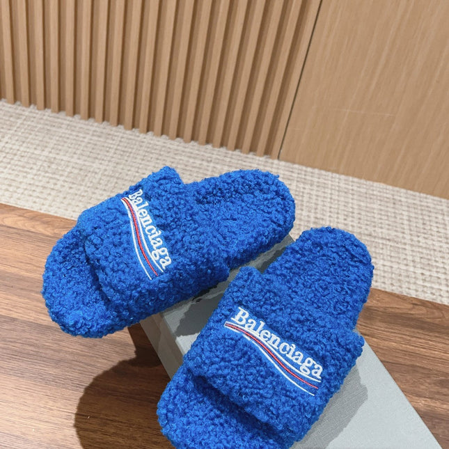 FURRY SLIDES IN COBALT BLUE CURLY SHEARLING