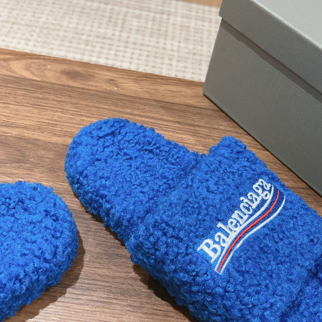 FURRY SLIDES IN COBALT BLUE CURLY SHEARLING