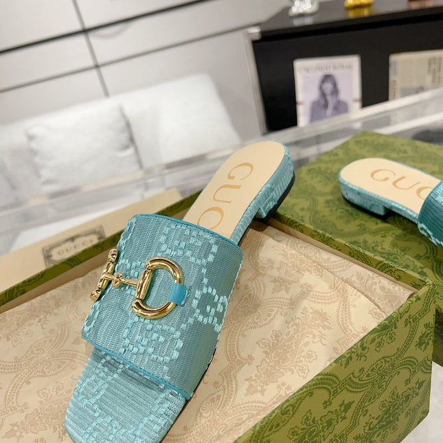 GG CHUNKY SLIDE SANDAL BLUE SKY CALFSKIN