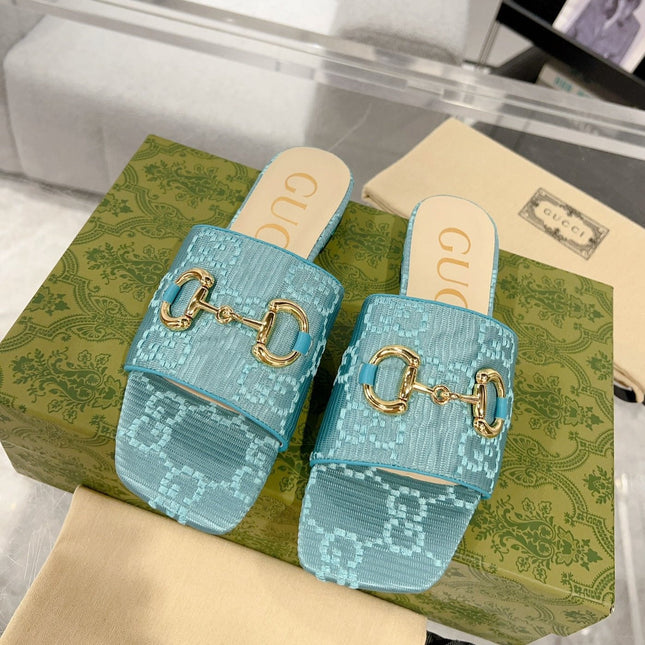 GG CHUNKY SLIDE SANDAL BLUE SKY CALFSKIN