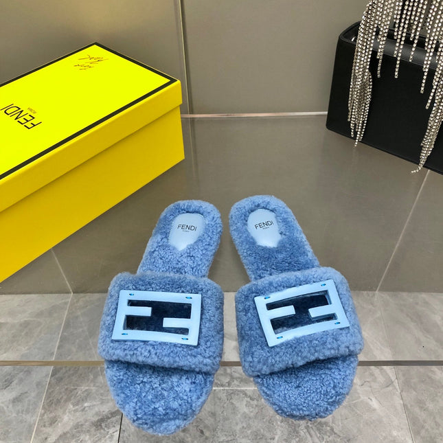 FENDI BAGUETTE SLIDE SLIPPERS IN CERULEAN BLUE WOOL
