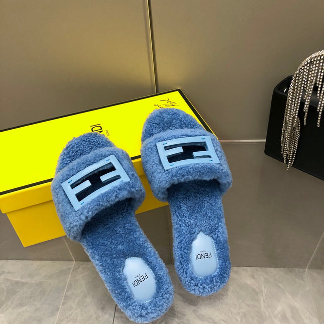 FENDI BAGUETTE SLIDE SLIPPERS IN CERULEAN BLUE WOOL