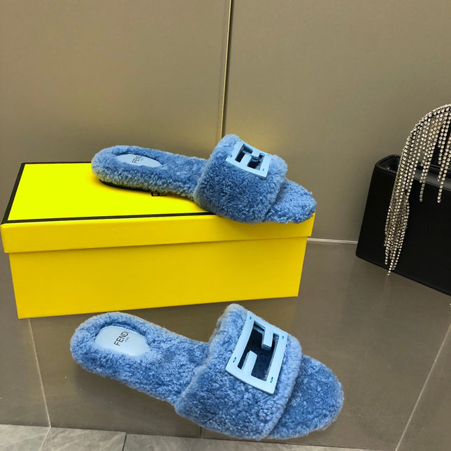 FENDI BAGUETTE SLIDE SLIPPERS IN CERULEAN BLUE WOOL
