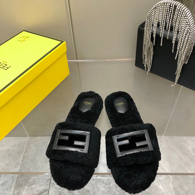 FENDI BAGUETTE SLIDE SLIPPERS IN BLACK WOOL