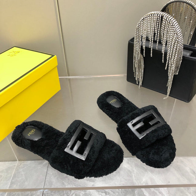 FENDI BAGUETTE SLIDE SLIPPERS IN BLACK WOOL