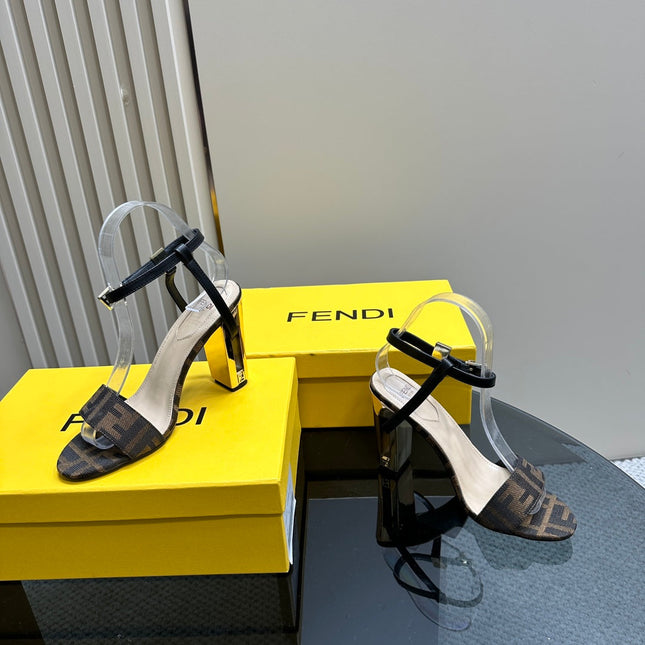 FENDI DELFINA HIGH-HEELED 10 CM SANDAL IN BROWN MONOGRAM FF CANVAS