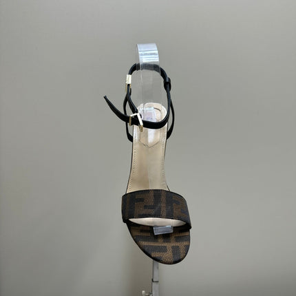 FENDI DELFINA HIGH-HEELED 10 CM SANDAL IN BROWN MONOGRAM FF CANVAS